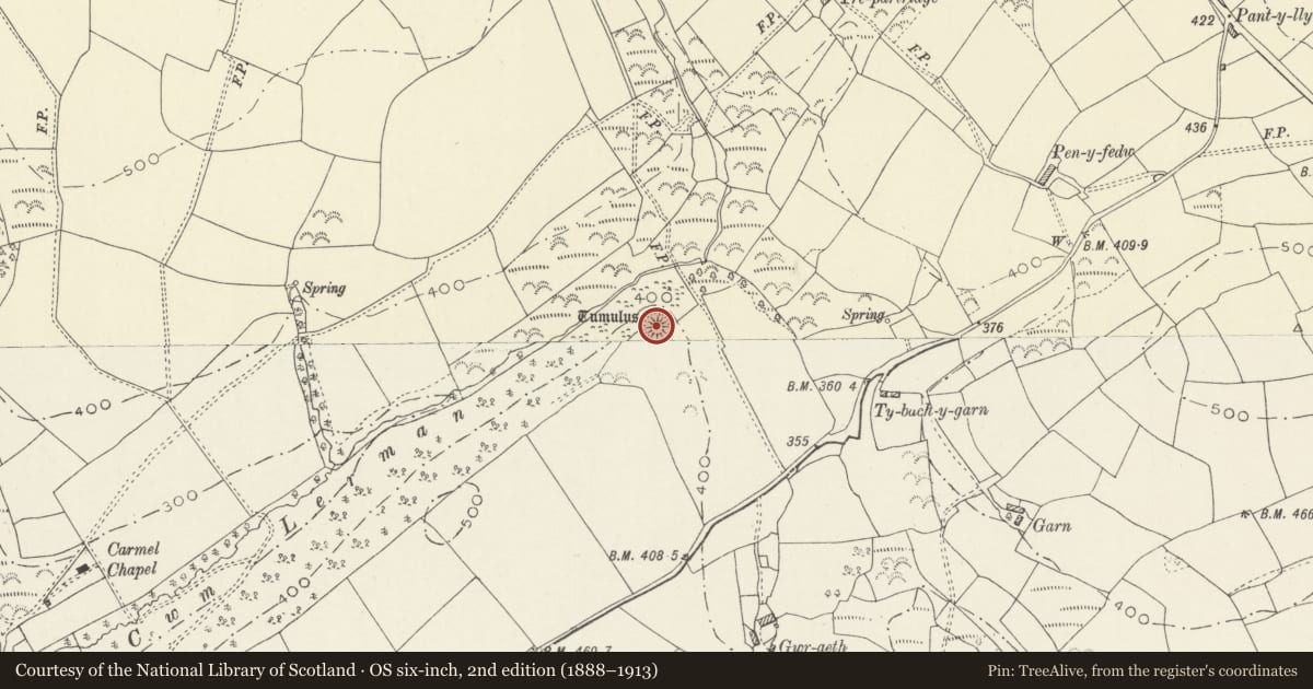 Ordnance Survey six-inch map, 2nd edition (1888–1913) covering the location of Waun Twmpath Motte, Cefn Sidan, Carmarthenshire, with a pin at the register's coordinates