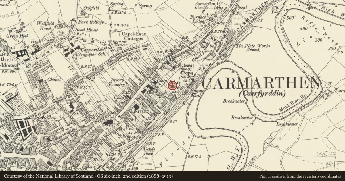 Ordnance Survey six-inch map, 2nd edition (1888–1913) covering the location of Carmarthen Roman Town Defences (part of), Carmarthenshire, with a pin at the register's coordinates