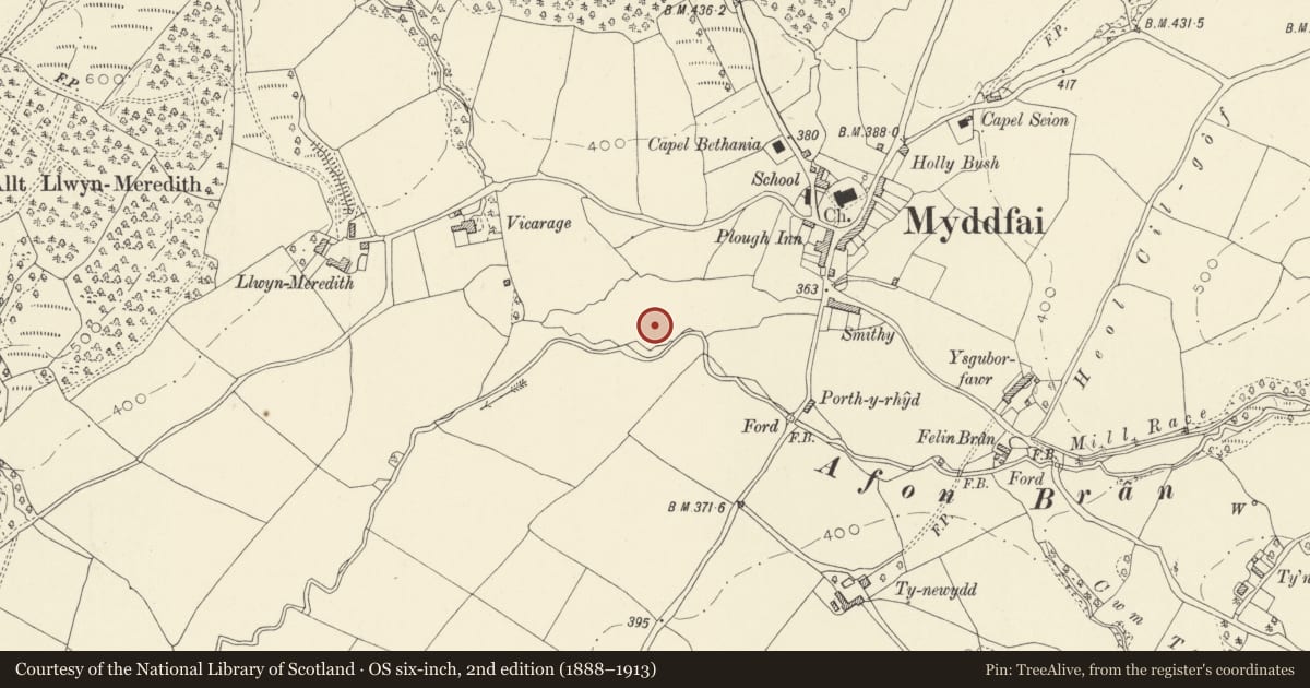 Ordnance Survey six-inch map, 2nd edition (1888–1913) covering the location of Castell Waunberllan, Myddfai, Carmarthenshire, with a pin at the register's coordinates