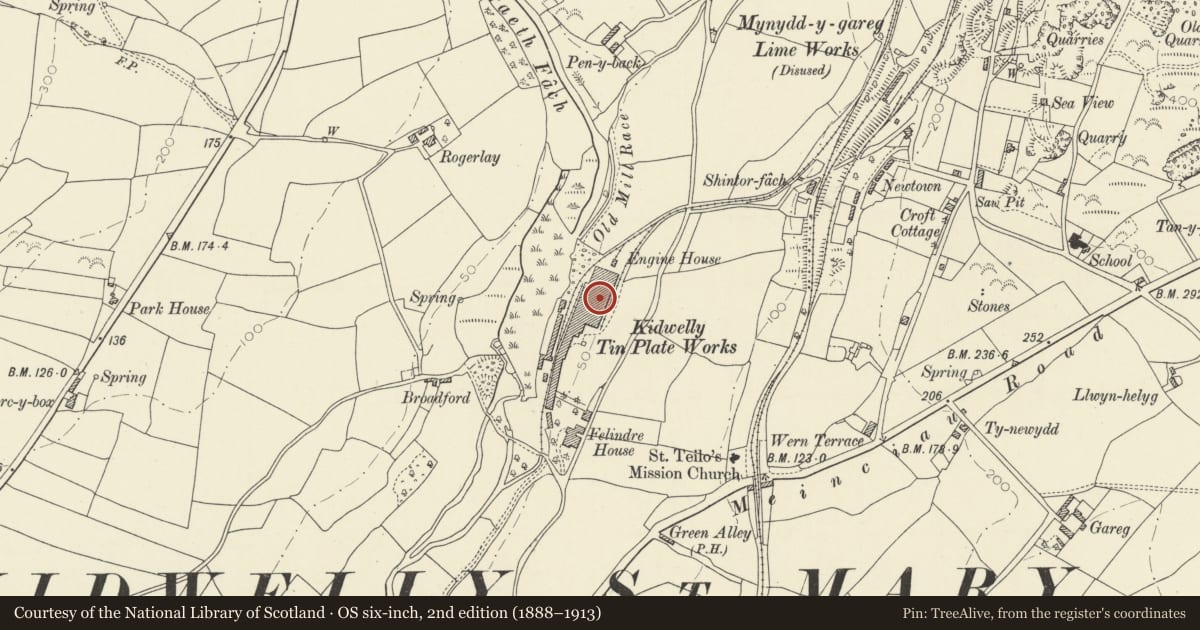 Ordnance Survey six-inch map, 2nd edition (1888–1913) covering the location of Hot & Cold Rolling Mills, Kidwelly Tinplate Works, Carmarthenshire, with a pin at the register's coordinates