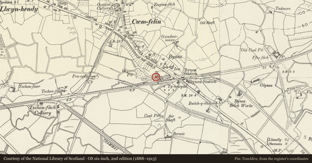 Ordnance Survey six-inch map, 2nd edition (1888–1913) covering the location of Glynea Colliery, Llanelli Rural, Carmarthenshire, with a pin at the register's coordinates