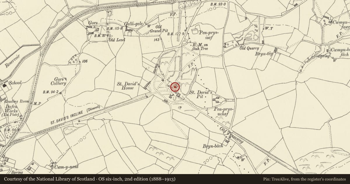 Ordnance Survey six-inch map, 2nd edition (1888–1913) covering the location of St David's Colliery, Llanelli Rural, Carmarthenshire, with a pin at the register's coordinates