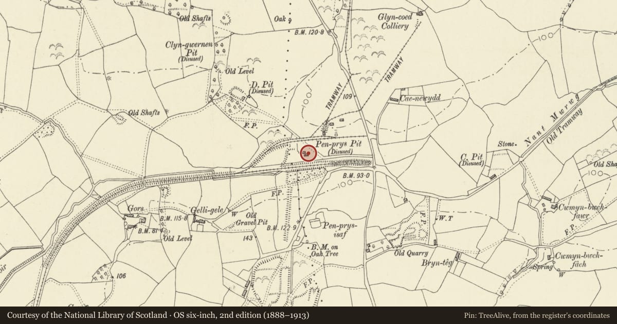 Ordnance Survey six-inch map, 2nd edition (1888–1913) covering the location of Penprys Pit Engine House, Llangennech, Carmarthenshire, with a pin at the register's coordinates