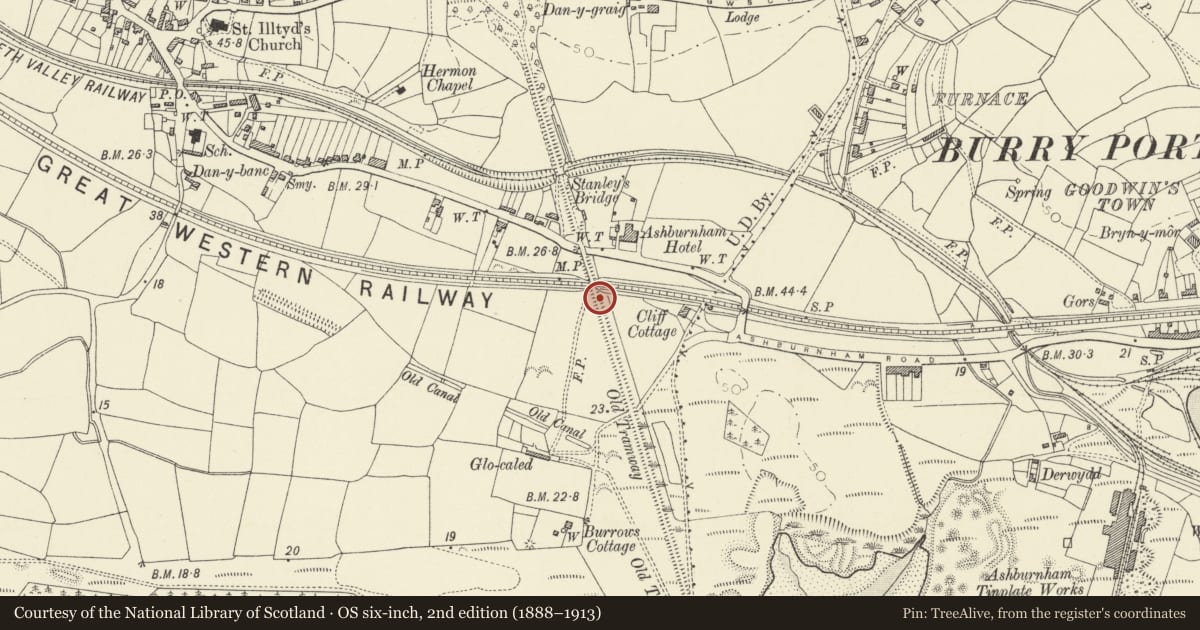 Ordnance Survey six-inch map, 2nd edition (1888–1913) covering the location of Stanley's Tramroad Embankment, Pembrey, Cefn Sidan, Carmarthenshire, with a pin at the register's coordinates