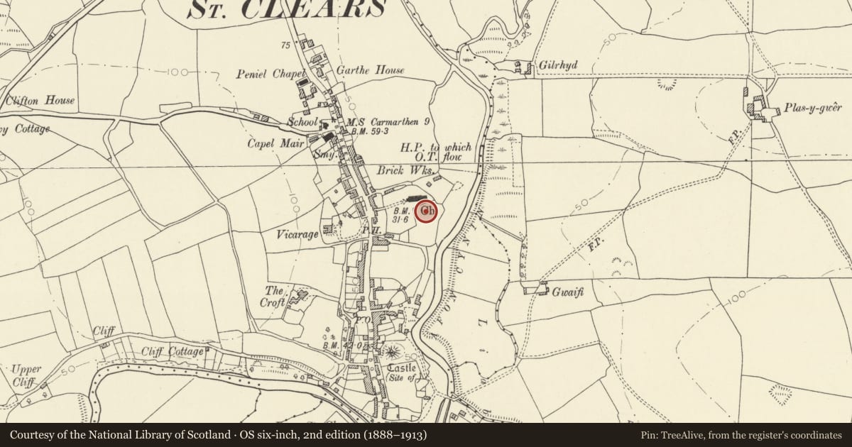 Ordnance Survey six-inch map, 2nd edition (1888–1913) covering the location of Claustral Buildings, St Clears Priory, St. Clears, Carmarthenshire, with a pin at the register's coordinates