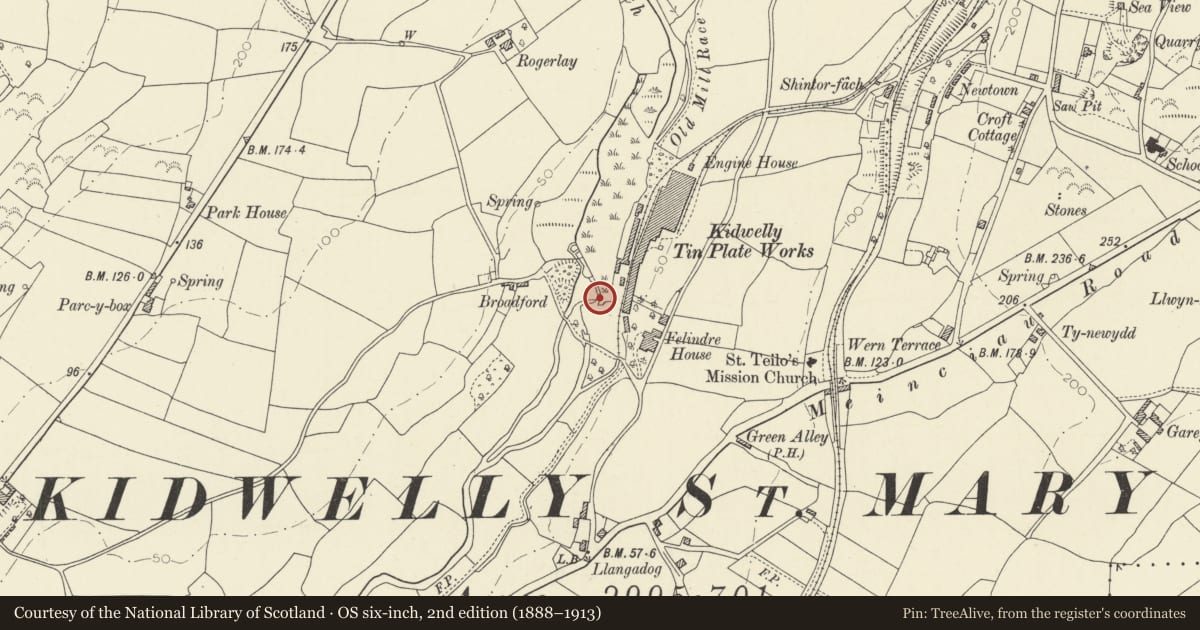 Ordnance Survey six-inch map, 2nd edition (1888–1913) covering the location of Kidwelly Old Tinplate Works and Dam, Carmarthenshire, with a pin at the register's coordinates