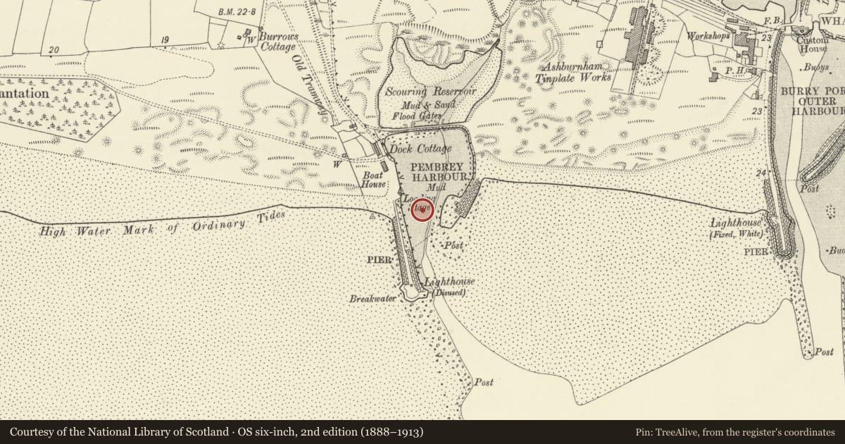 Ordnance Survey six-inch map, 2nd edition (1888–1913) covering the location of Pembrey Old Harbour, Cefn Sidan, Carmarthenshire, with a pin at the register's coordinates