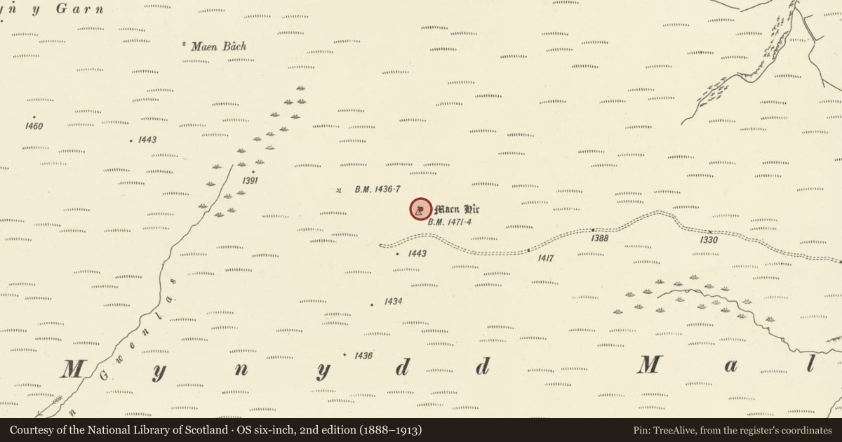 Ordnance Survey six-inch map, 2nd edition (1888–1913) covering the location of Mynydd Mallaen Standing Stone, Cilycwm, Carmarthenshire, with a pin at the register's coordinates