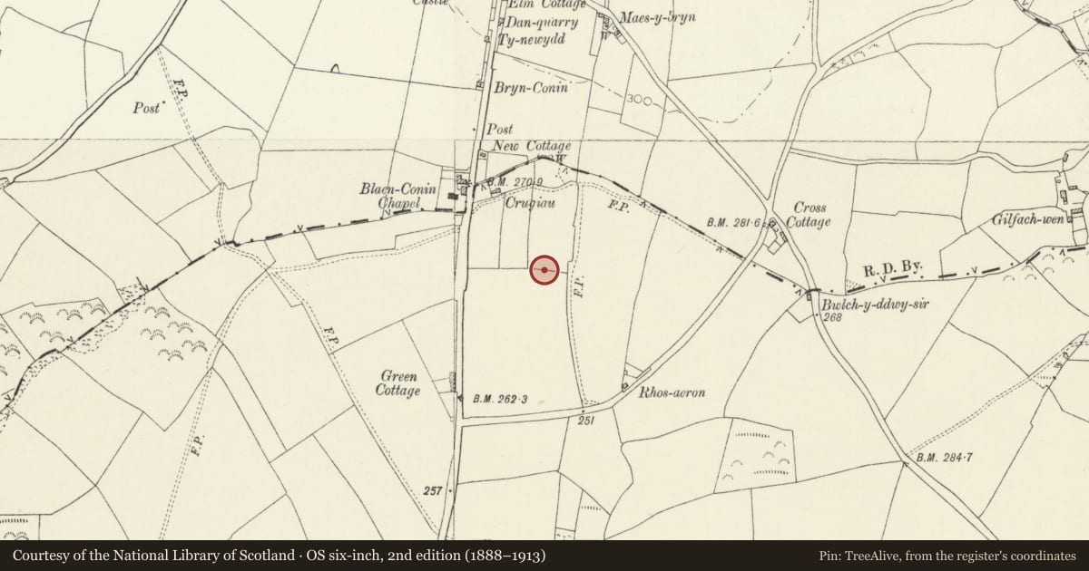 Ordnance Survey six-inch map, 2nd edition (1888–1913) covering the location of Crugiau Round Barrows, Clynderwen, Carmarthenshire, with a pin at the register's coordinates
