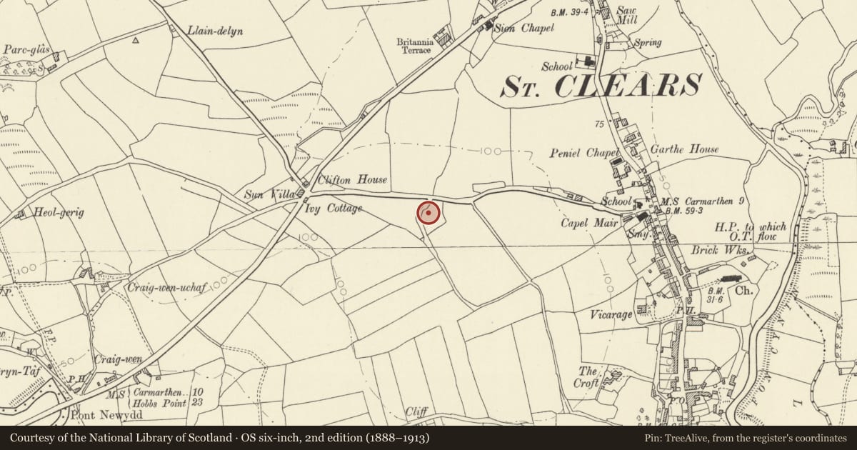 Ordnance Survey six-inch map, 2nd edition (1888–1913) covering the location of Eithin Bach round barrow, St. Clears, Carmarthenshire, with a pin at the register's coordinates