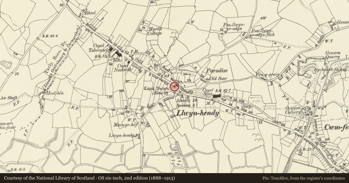 Ordnance Survey six-inch map, 2nd edition (1888–1913) covering the location of Capel Dewi, Llwynhendy, Llanelli Rural, Carmarthenshire, with a pin at the register's coordinates