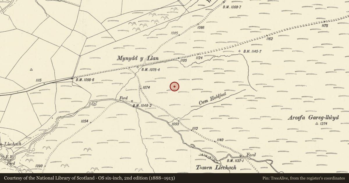 Ordnance Survey six-inch map, 2nd edition (1888–1913) covering the location of Arhosfa'r Garreg-lwyd barrow, Llanddeusant, Carmarthenshire, with a pin at the register's coordinates