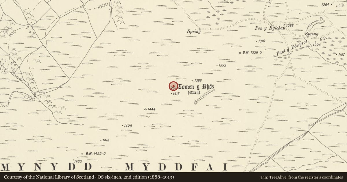 Ordnance Survey six-inch map, 2nd edition (1888–1913) covering the location of Tomen y Rhos round cairn, Myddfai, Carmarthenshire, with a pin at the register's coordinates