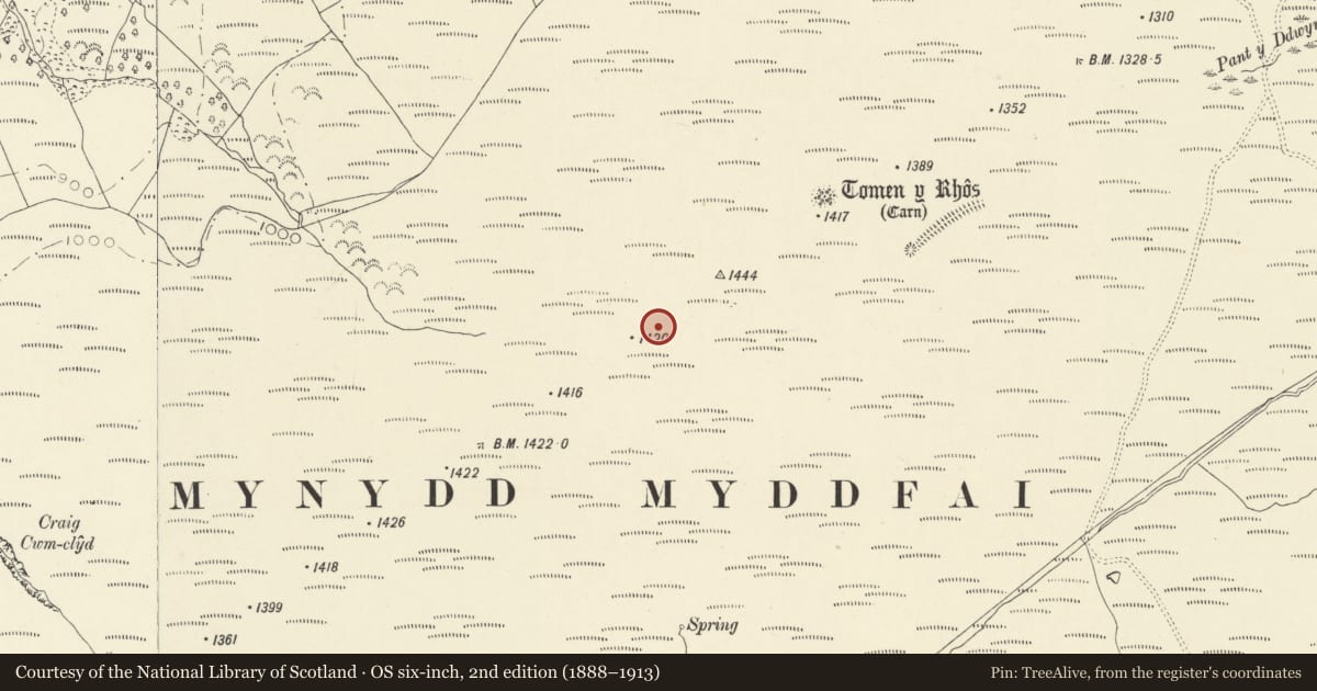 Ordnance Survey six-inch map, 2nd edition (1888–1913) covering the location of Mynydd Myddfai round barrow, Carmarthenshire, with a pin at the register's coordinates