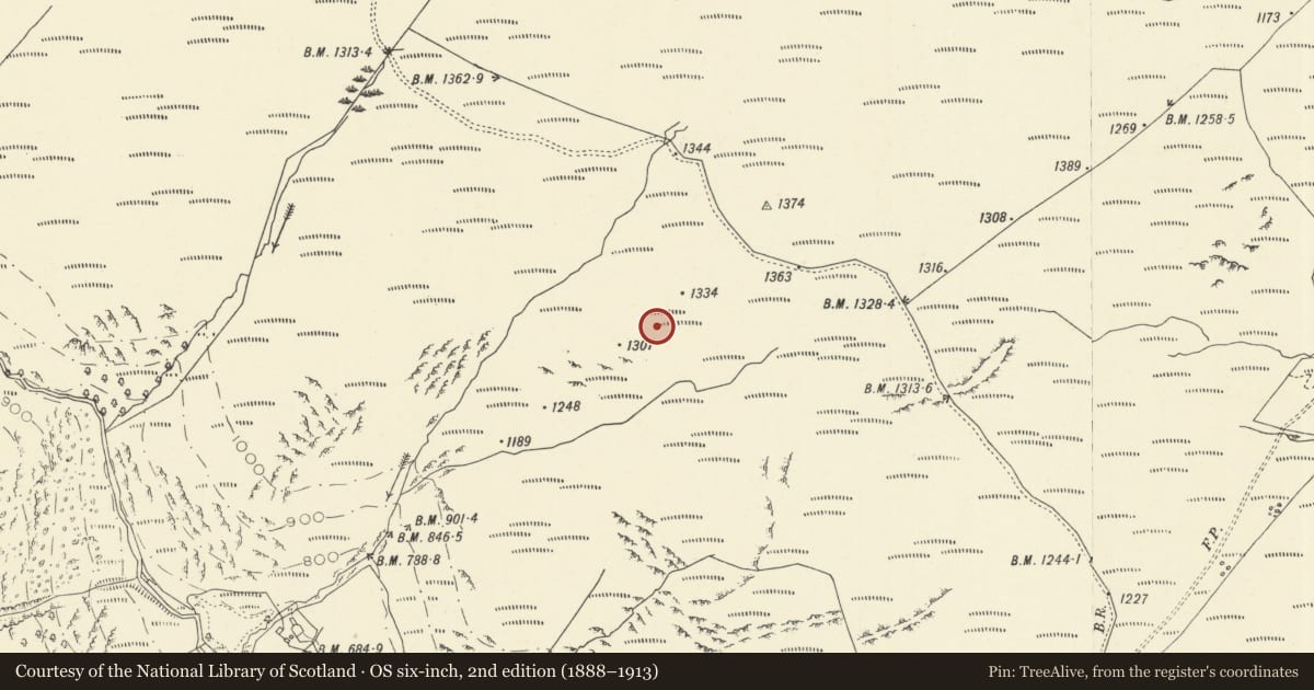 Ordnance Survey six-inch map, 2nd edition (1888–1913) covering the location of Troedrhiwhir Mountain ring cairn, Cilycwm, Carmarthenshire, with a pin at the register's coordinates