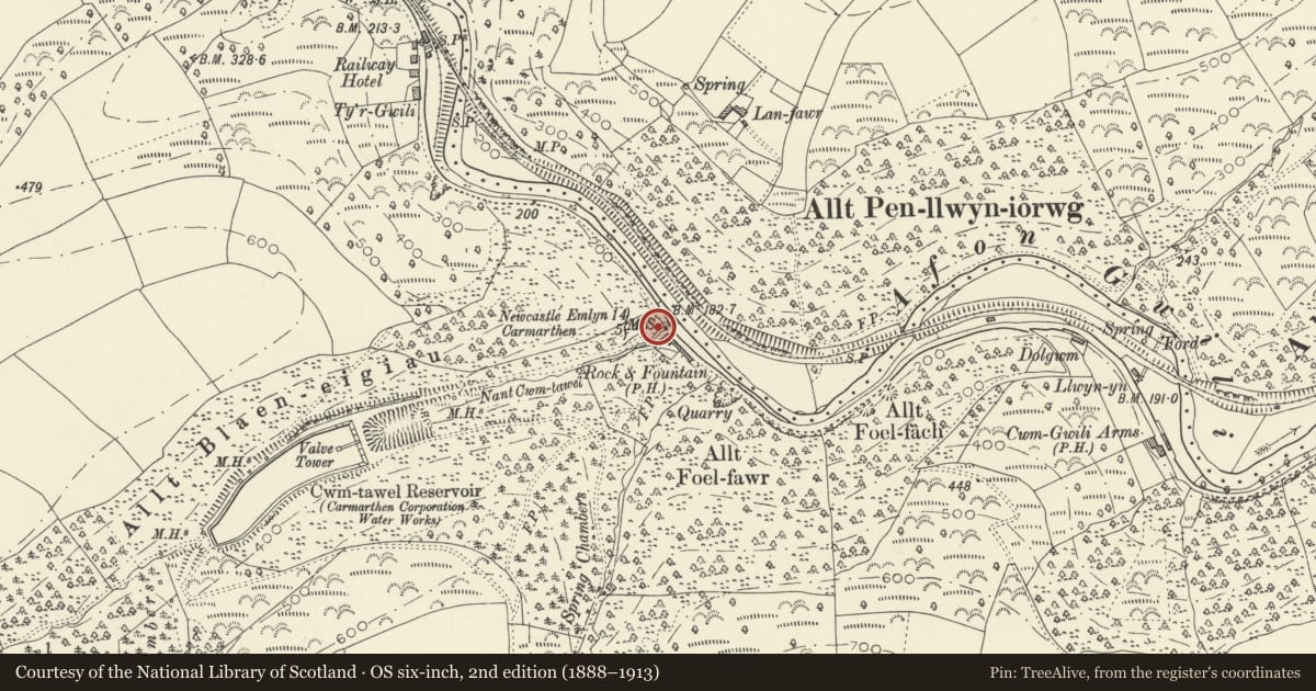 Ordnance Survey six-inch map, 2nd edition (1888–1913) covering the location of Ty Cwm Tawel Anti-invasion Defences, Llanpumsaint, Carmarthenshire, with a pin at the register's coordinates