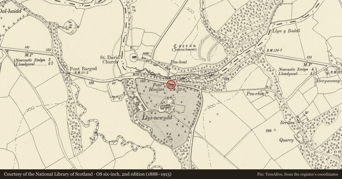 Ordnance Survey six-inch map, 2nd edition (1888–1913) covering the location of Pont Henllan Pillbox, Llangeler, Carmarthenshire, with a pin at the register's coordinates