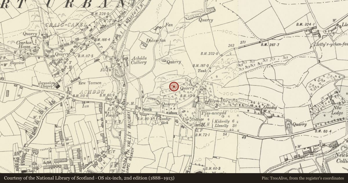 Ordnance Survey six-inch map, 2nd edition (1888–1913) covering the location of Y Gaer Defended Enclosure, Cefn Sidan, Carmarthenshire, with a pin at the register's coordinates
