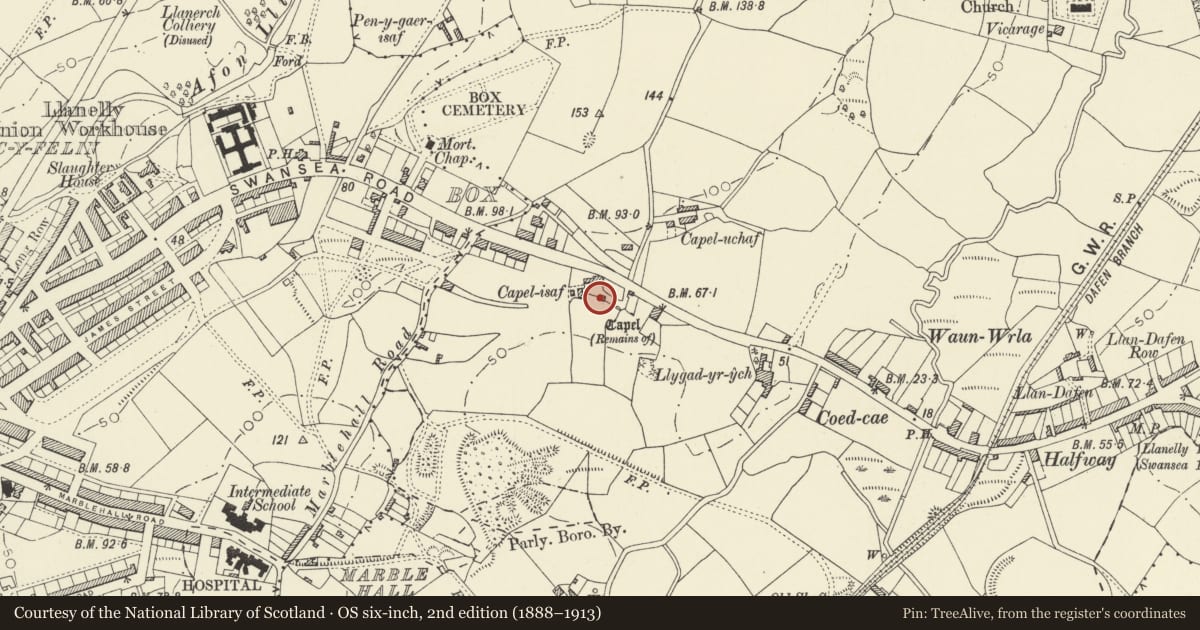Ordnance Survey six-inch map, 2nd edition (1888–1913) covering the location of Capel Isaf Cemetery, Llanelli, Carmarthenshire, with a pin at the register's coordinates