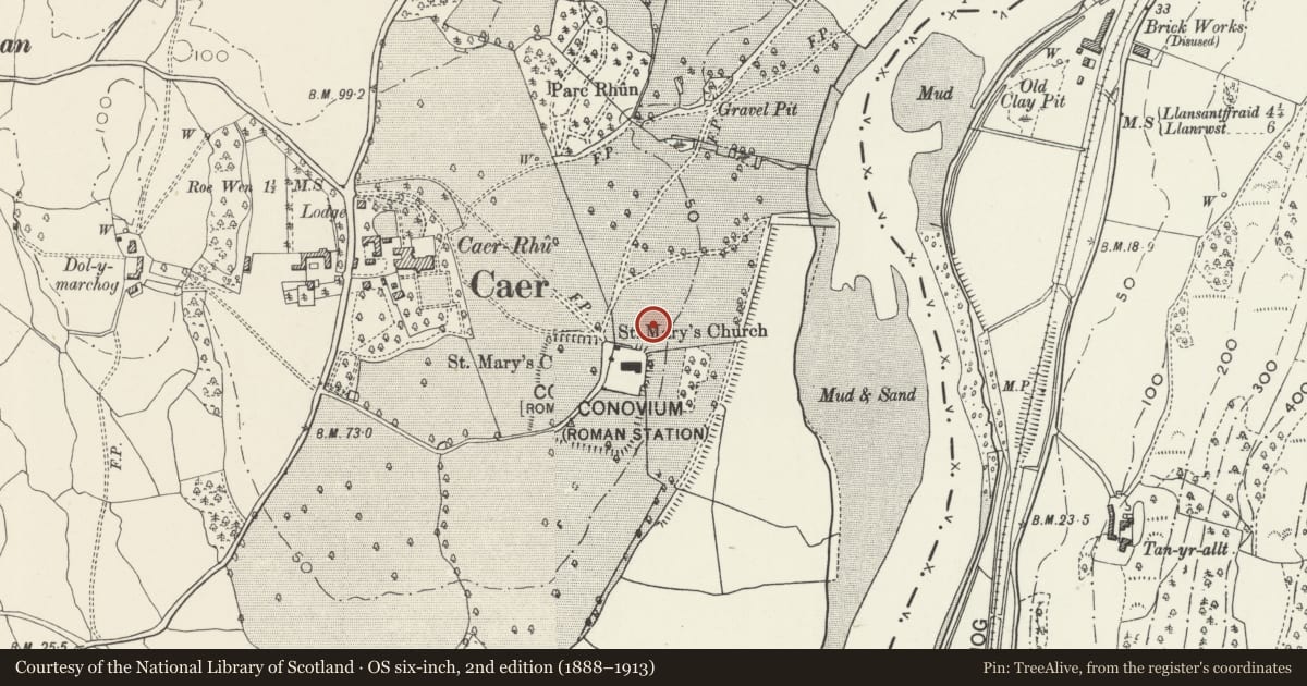 Ordnance Survey six-inch map, 2nd edition (1888–1913) covering the location of Kanovium Roman Site, Caerhun, Conwy, with a pin at the register's coordinates