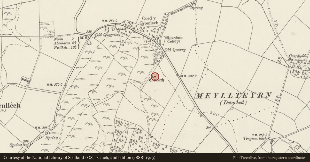 Ordnance Survey six-inch map, 2nd edition (1888–1913) covering the location of Cefnamwlch Burial Chamber, Tudweiliog, Gwynedd, with a pin at the register's coordinates