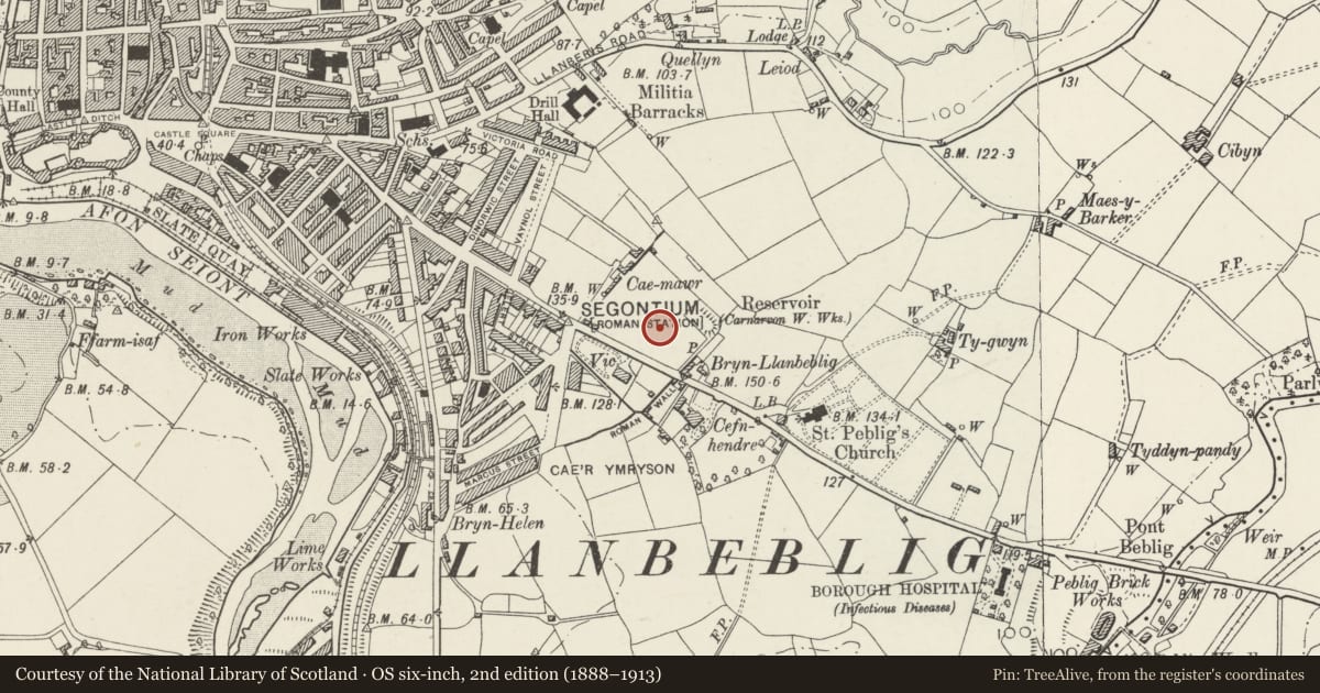 Ordnance Survey six-inch map, 2nd edition (1888–1913) covering the location of Segontium Roman Fort, Caernarfon, Gwynedd, with a pin at the register's coordinates