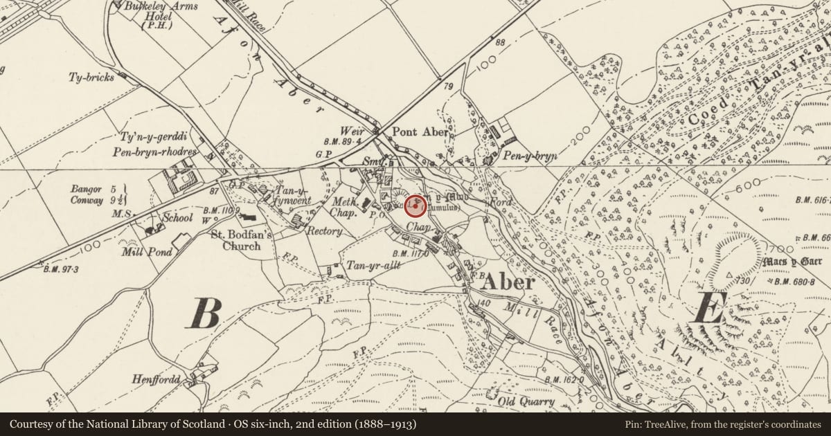 Ordnance Survey six-inch map, 2nd edition (1888–1913) covering the location of Aber Castle Mound (Pen-y-Mwd), Gwynedd, with a pin at the register's coordinates