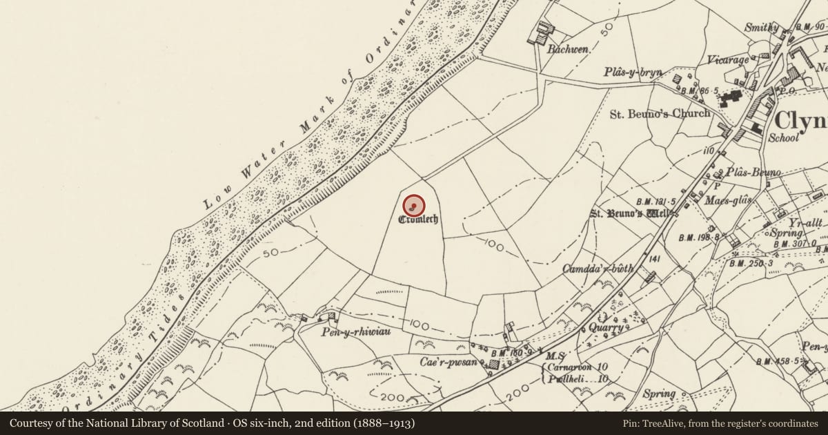 Ordnance Survey six-inch map, 2nd edition (1888–1913) covering the location of Bachwen Burial Chamber, Clynnog, Gwynedd, with a pin at the register's coordinates