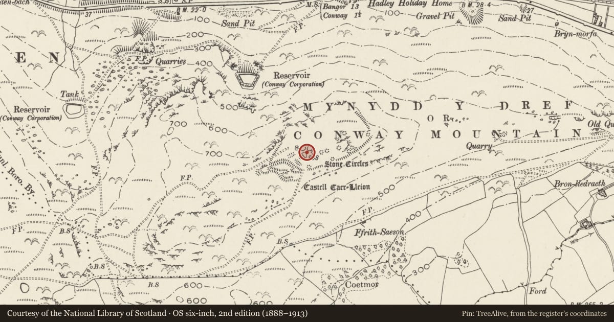 Ordnance Survey six-inch map, 2nd edition (1888–1913) covering the location of Castell Caer Lleion, Conwy, with a pin at the register's coordinates