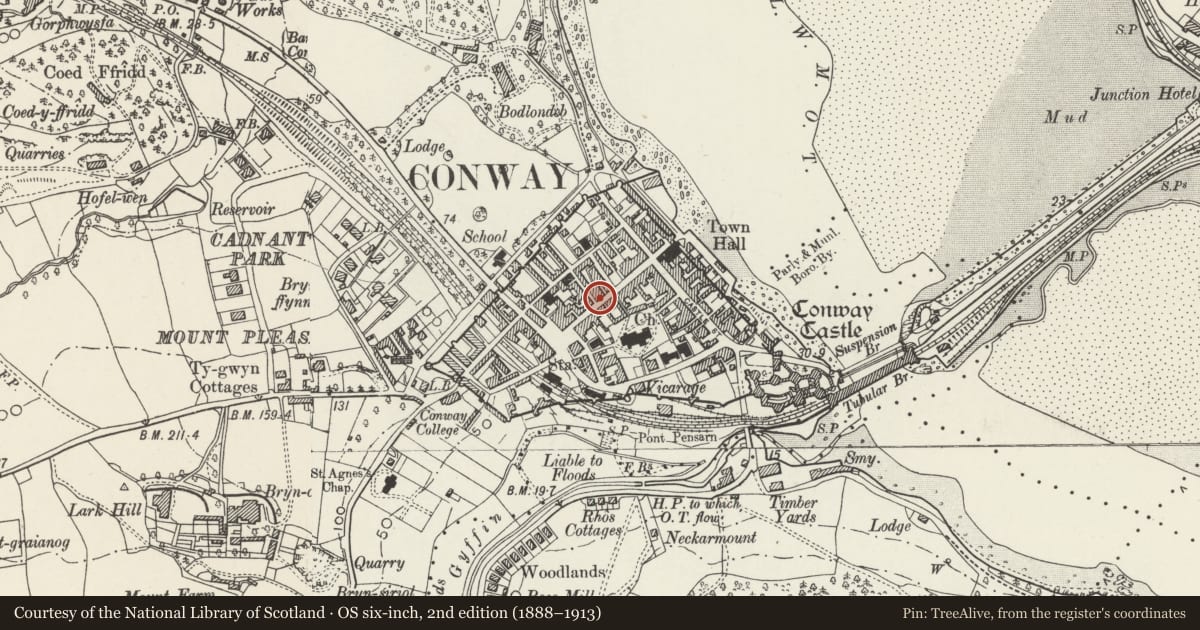 Ordnance Survey six-inch map, 2nd edition (1888–1913) covering the location of Conwy Town Walls, with a pin at the register's coordinates