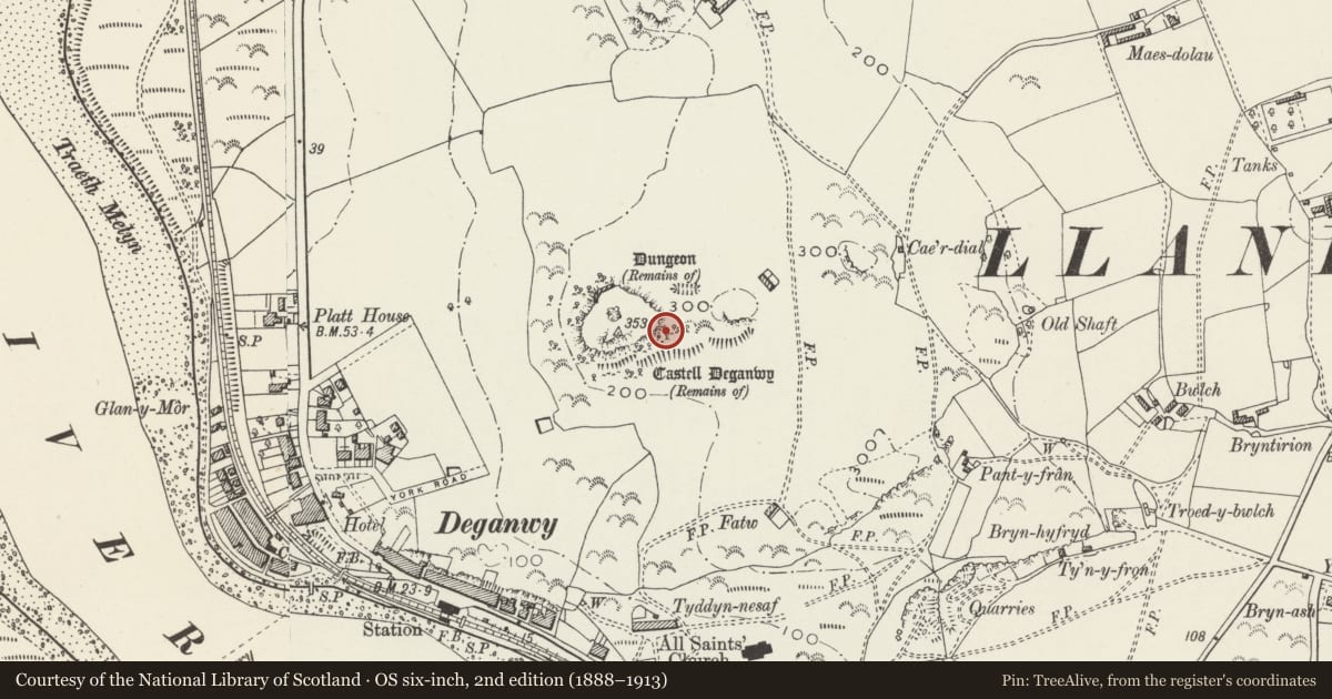 Ordnance Survey six-inch map, 2nd edition (1888–1913) covering the location of Deganwy Castle, Conwy, with a pin at the register's coordinates