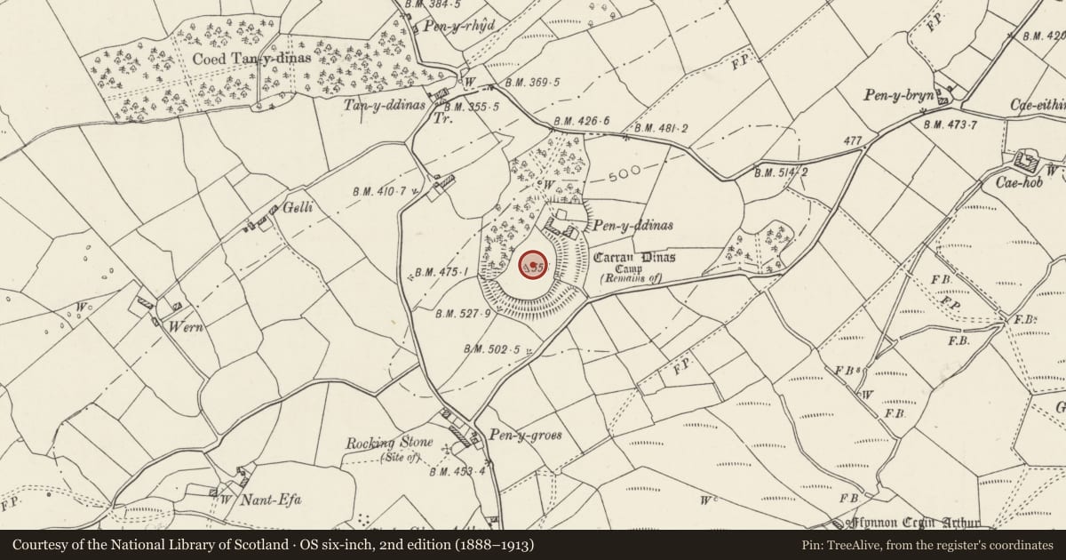 Ordnance Survey six-inch map, 2nd edition (1888–1913) covering the location of Dinas Dinorwic Camp, Llanddeiniolen, Gwynedd, with a pin at the register's coordinates