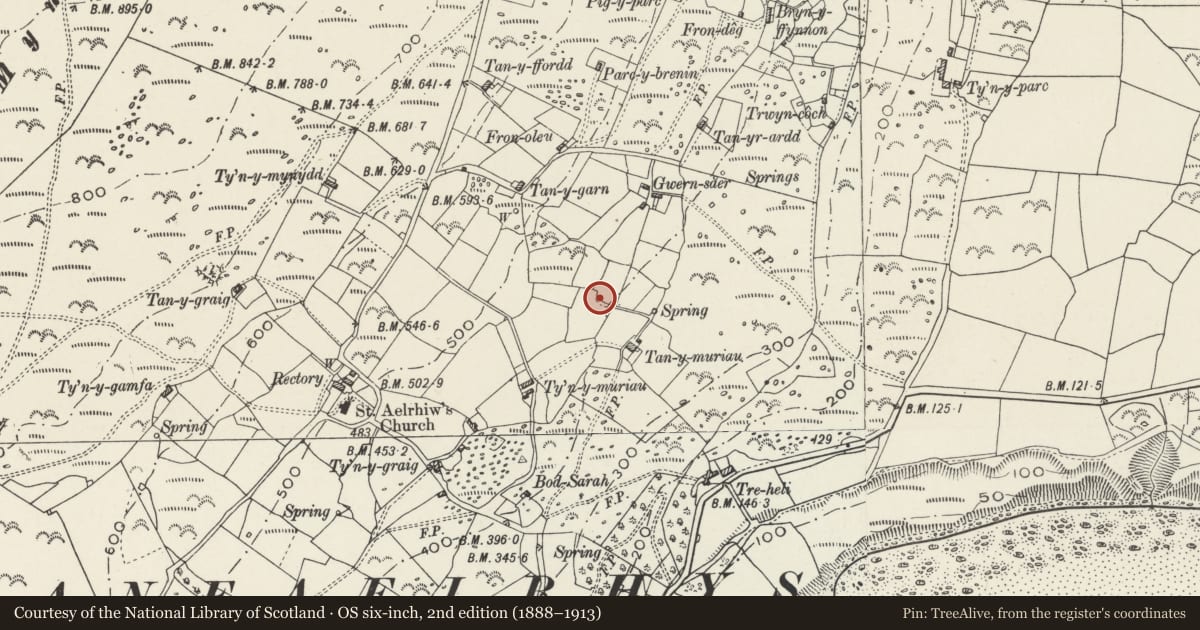 Ordnance Survey six-inch map, 2nd edition (1888–1913) covering the location of Rhiw Burial Chambers, Aberdaron, Gwynedd, with a pin at the register's coordinates