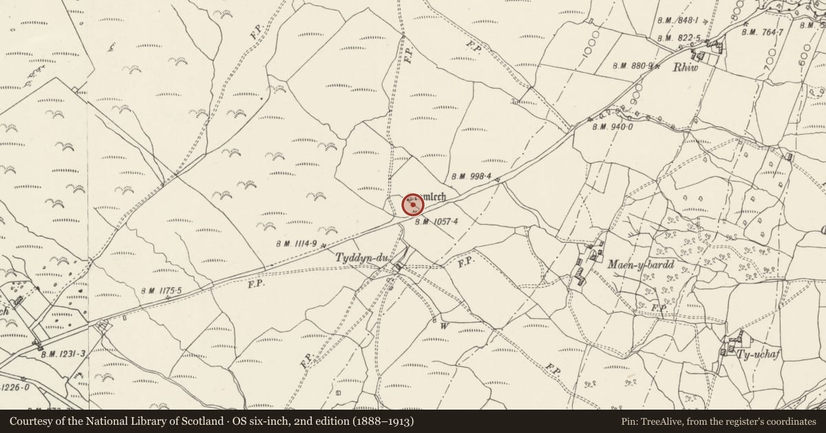 Ordnance Survey six-inch map, 2nd edition (1888–1913) covering the location of Maen y Bardd Burial Chamber, Caerhun, Conwy, with a pin at the register's coordinates