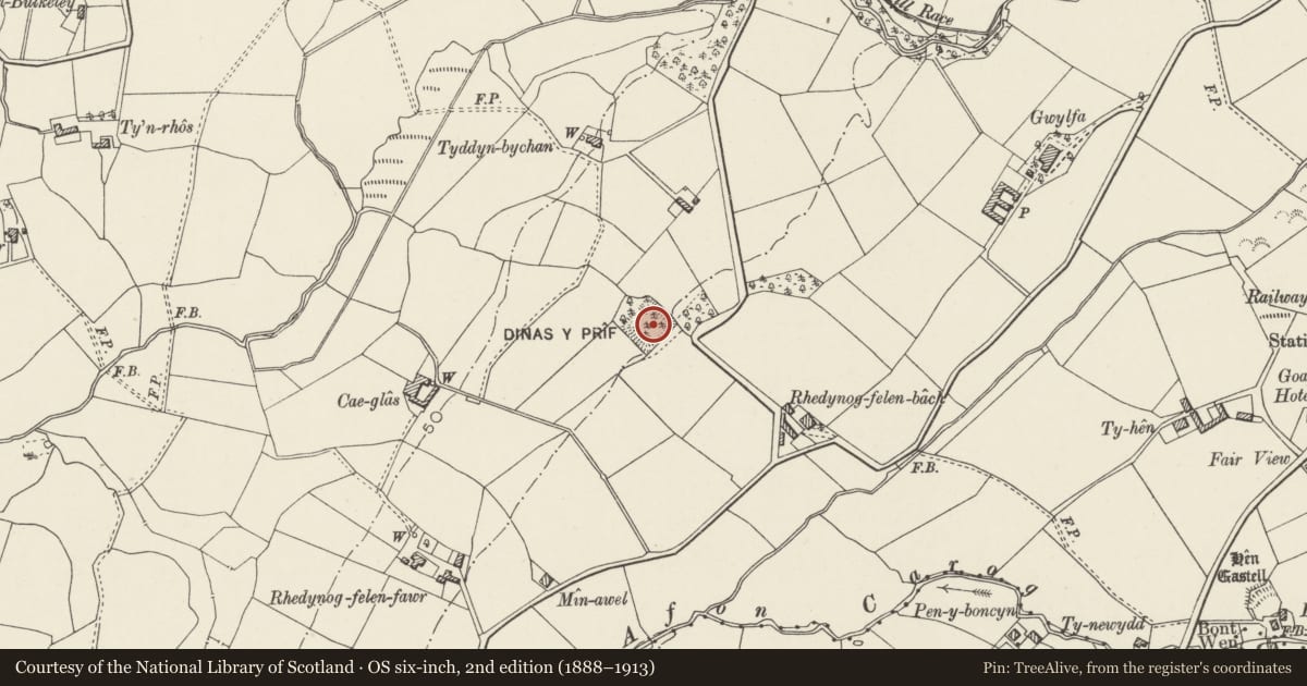Ordnance Survey six-inch map, 2nd edition (1888–1913) covering the location of Dinas y Prif Camp, Llanwnda, Gwynedd, with a pin at the register's coordinates