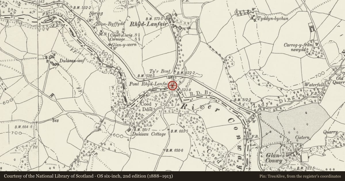 Ordnance Survey six-inch map, 2nd edition (1888–1913) covering the location of Pont Rhyd-Llanfair, Bro Garmon, Conwy, with a pin at the register's coordinates