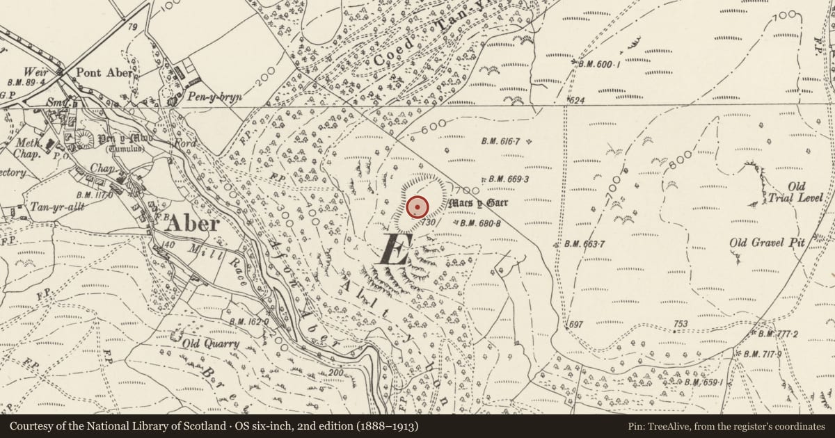 Ordnance Survey six-inch map, 2nd edition (1888–1913) covering the location of Maes y Gaer Camp (Hillfort), Aber, Gwynedd, with a pin at the register's coordinates