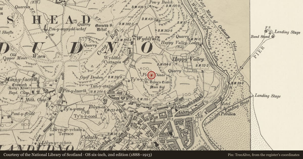 Ordnance Survey six-inch map, 2nd edition (1888–1913) covering the location of Pen y Dinas Camp, Llandudno, Conwy, with a pin at the register's coordinates