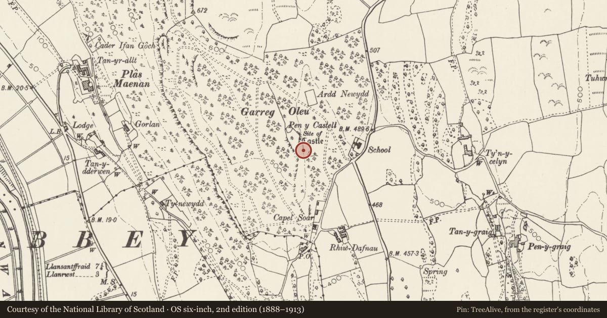 Ordnance Survey six-inch map, 2nd edition (1888–1913) covering the location of Caer Oleu Camp, Llanddoged and Maenan, Conwy, with a pin at the register's coordinates