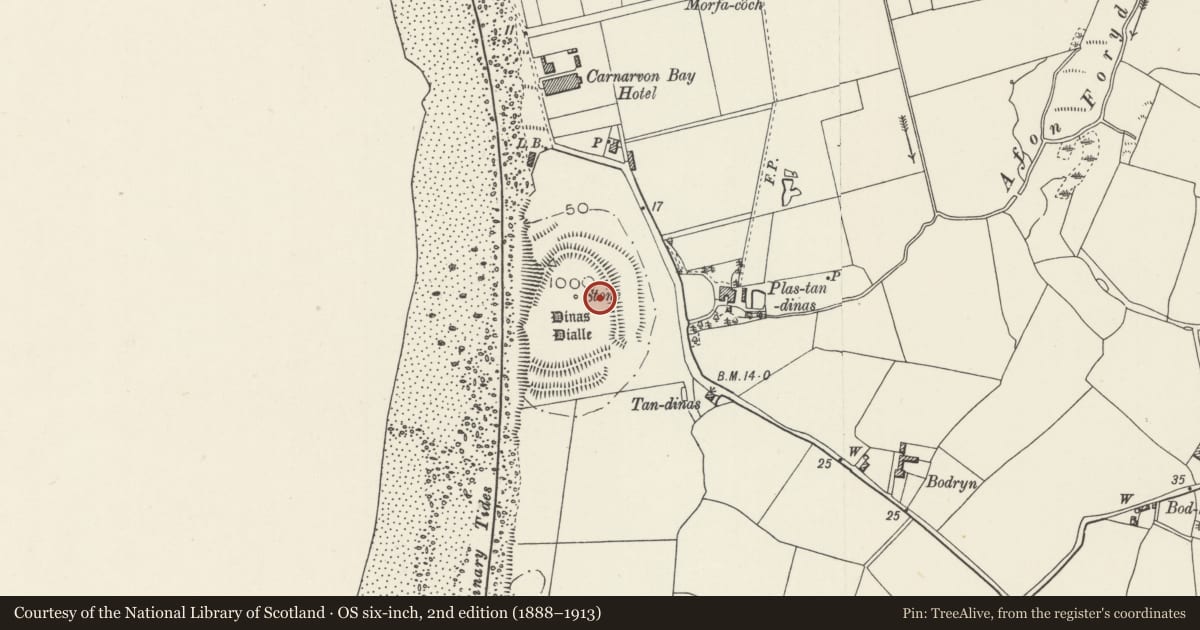 Ordnance Survey six-inch map, 2nd edition (1888–1913) covering the location of Dinas Dinlle Camp, Llandwrog, Gwynedd, with a pin at the register's coordinates