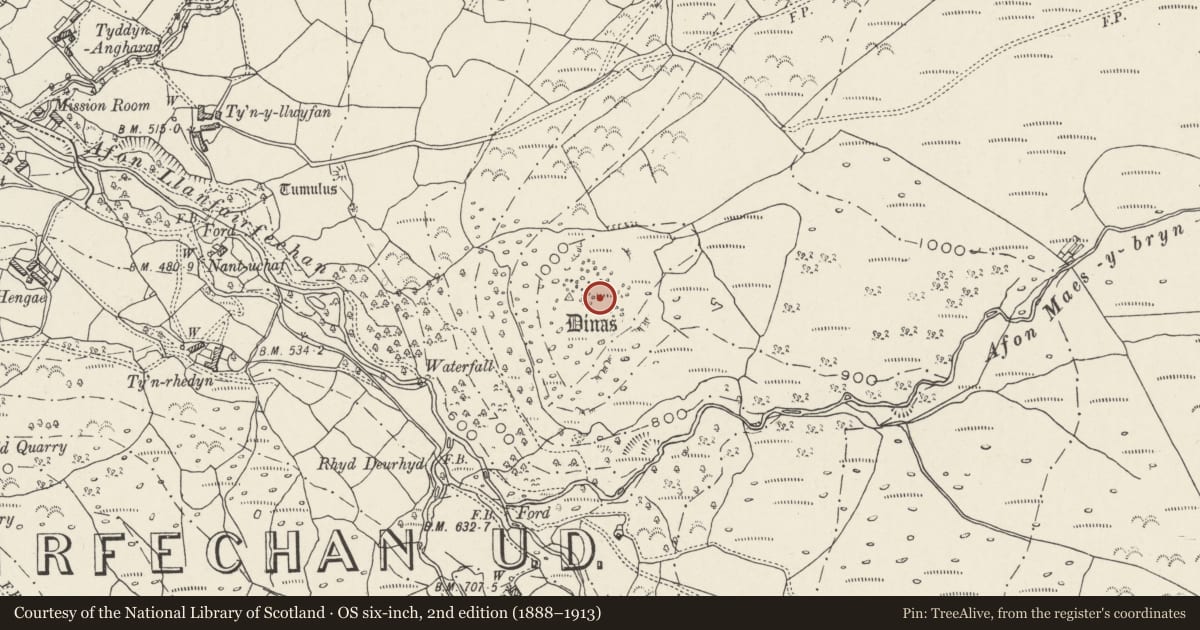 Ordnance Survey six-inch map, 2nd edition (1888–1913) covering the location of Dinas Camp, Llanfairfechan, Conwy, with a pin at the register's coordinates