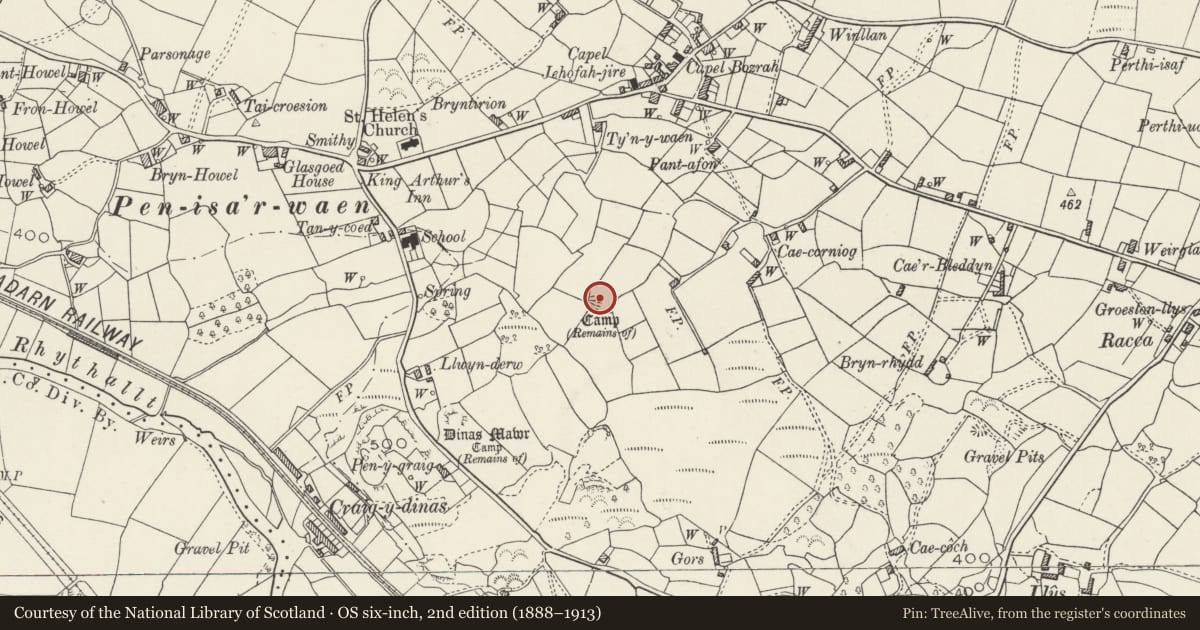 Ordnance Survey six-inch map, 2nd edition (1888–1913) covering the location of Pen-Isa'r-Waen Camp, Llanddeiniolen, Gwynedd, with a pin at the register's coordinates