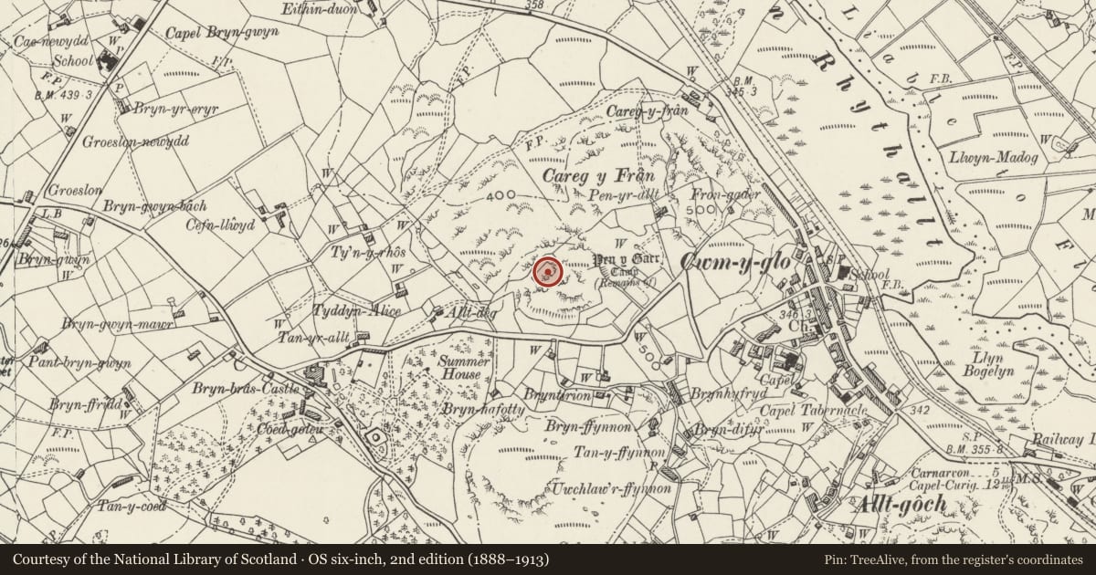 Ordnance Survey six-inch map, 2nd edition (1888–1913) covering the location of Caer Carreg y Fran, Llanrug, Gwynedd, with a pin at the register's coordinates