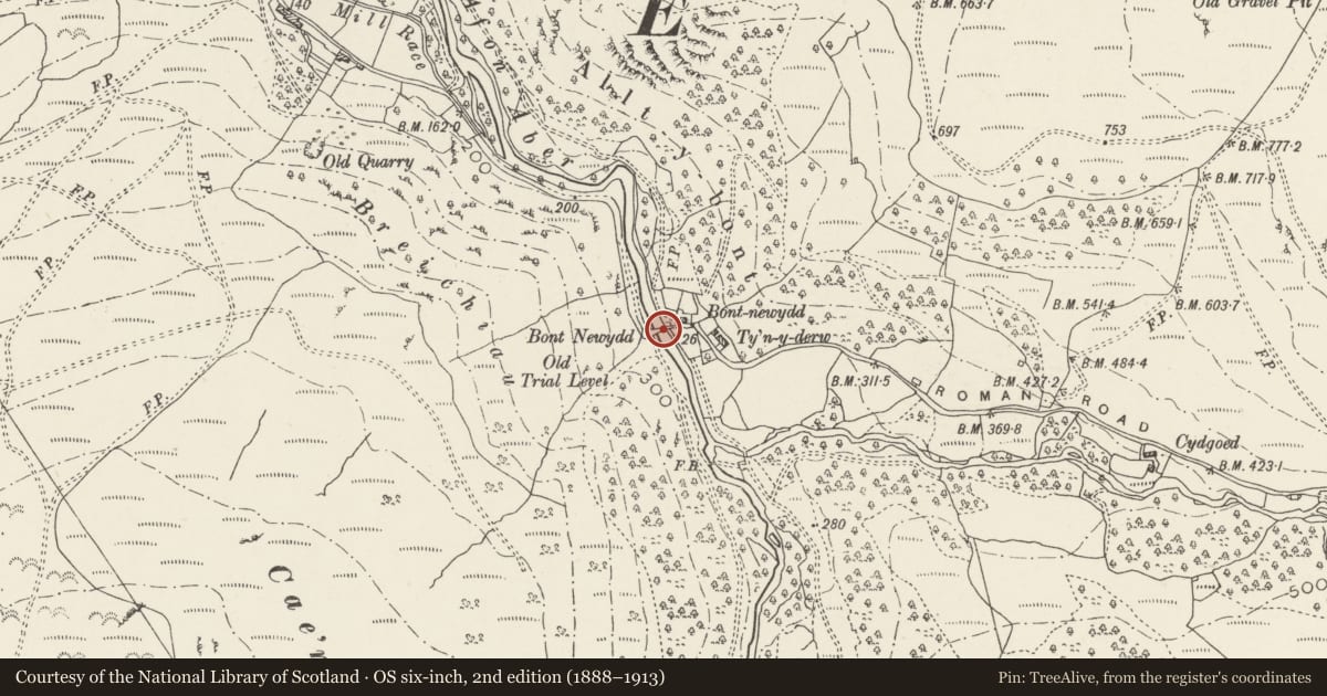 Ordnance Survey six-inch map, 2nd edition (1888–1913) covering the location of Bont-Newydd, Aber, Gwynedd, with a pin at the register's coordinates