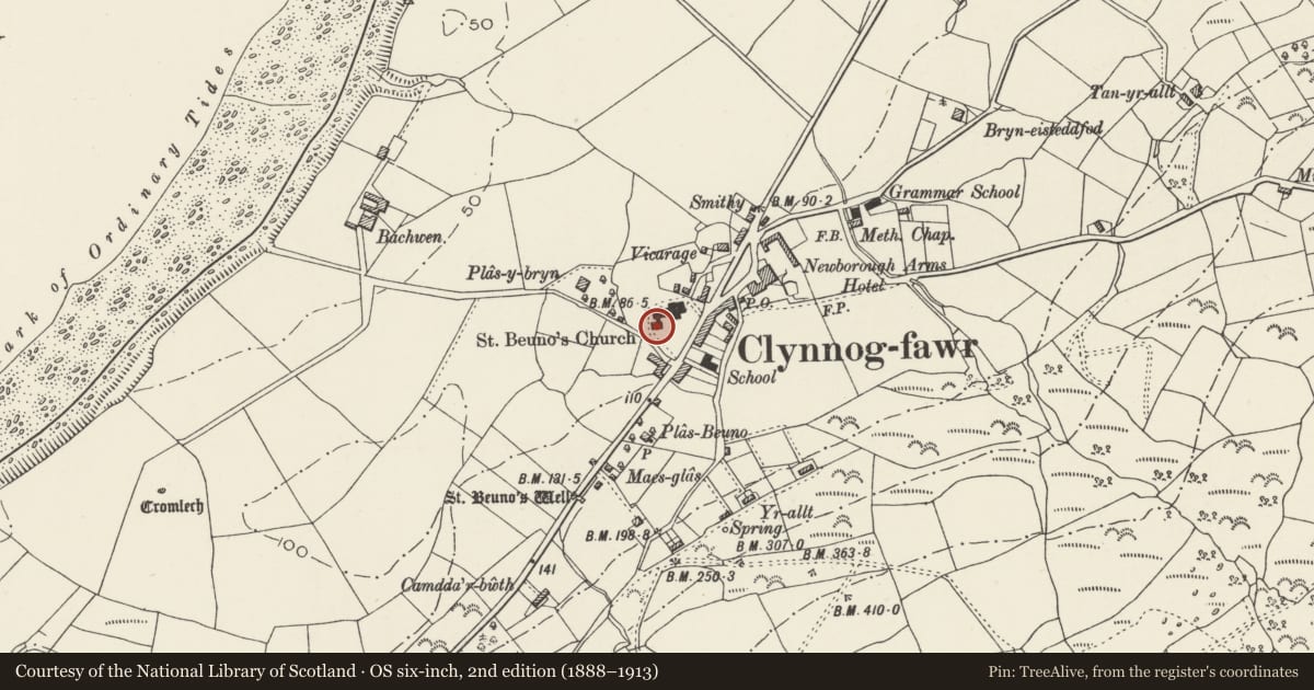 Ordnance Survey six-inch map, 2nd edition (1888–1913) covering the location of Sundial in Clynnog Fawr Churchyard, Gwynedd, with a pin at the register's coordinates