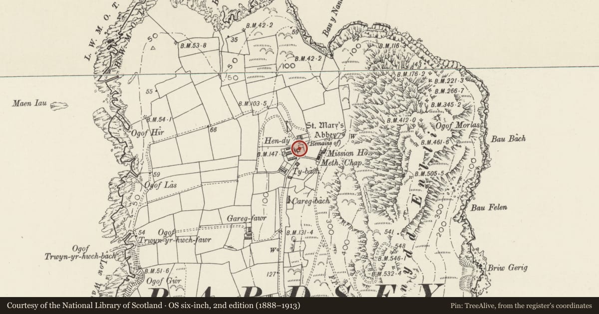 Ordnance Survey six-inch map, 2nd edition (1888–1913) covering the location of St Mary's Abbey, Bardsey Island, Aberdaron, Gwynedd, with a pin at the register's coordinates