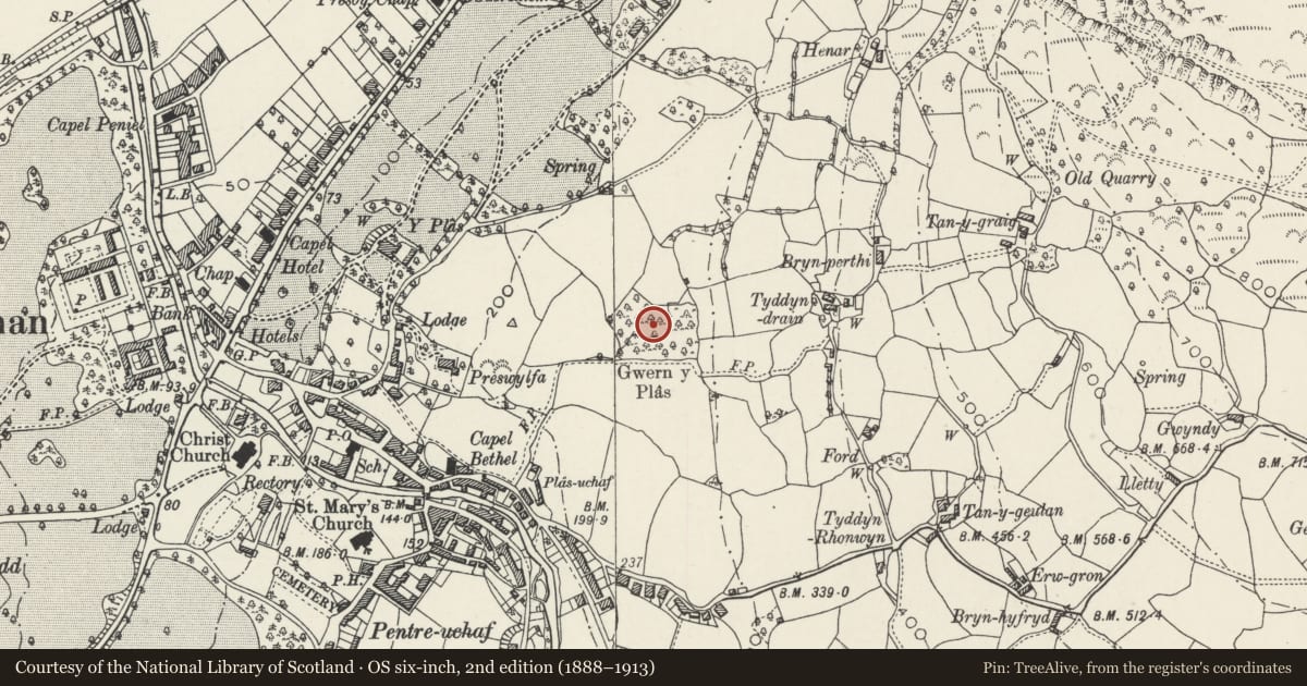 Ordnance Survey six-inch map, 2nd edition (1888–1913) covering the location of Gwern y Plas Ancient Village, Llanfairfechan, Conwy, with a pin at the register's coordinates