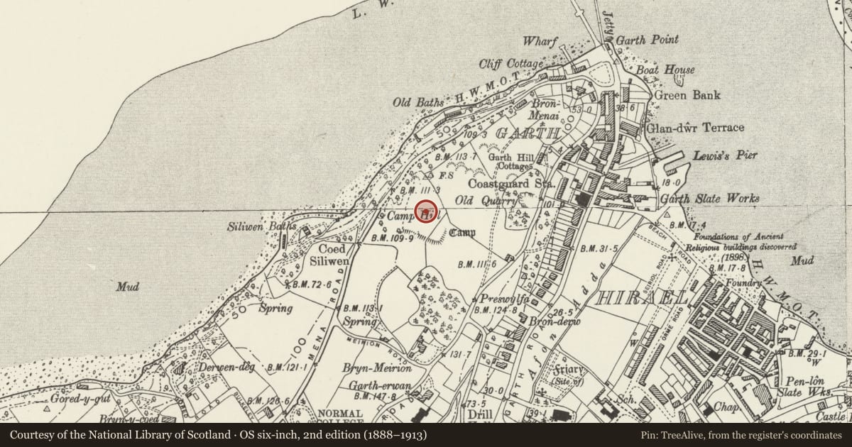 Ordnance Survey six-inch map, 2nd edition (1888–1913) covering the location of Pier Camp, Bangor, Gwynedd, with a pin at the register's coordinates