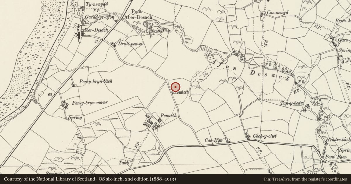 Ordnance Survey six-inch map, 2nd edition (1888–1913) covering the location of Penarth Burial Chamber, Clynnog, Gwynedd, with a pin at the register's coordinates