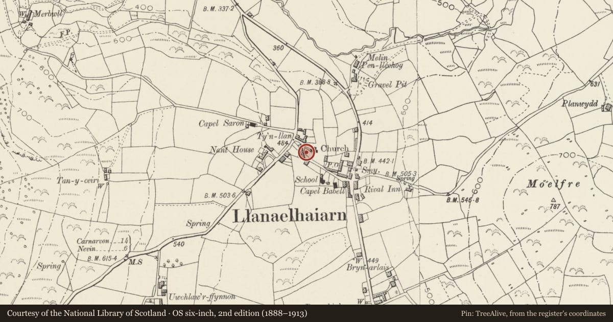 Ordnance Survey six-inch map, 2nd edition (1888–1913) covering the location of Part of Inscribed Stone Built into Wall of Churchyard, Llanaelhaearn, Gwynedd, with a pin at the register's coordinates